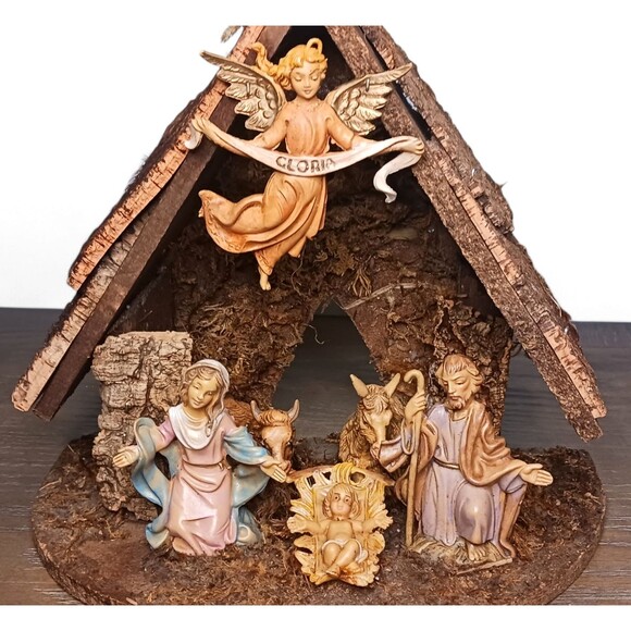 Vintage Fontanini Italy Wood Crèche & 6 pc Figurines Set Mary Jesus Joseph Angel - Picture 2 of 5